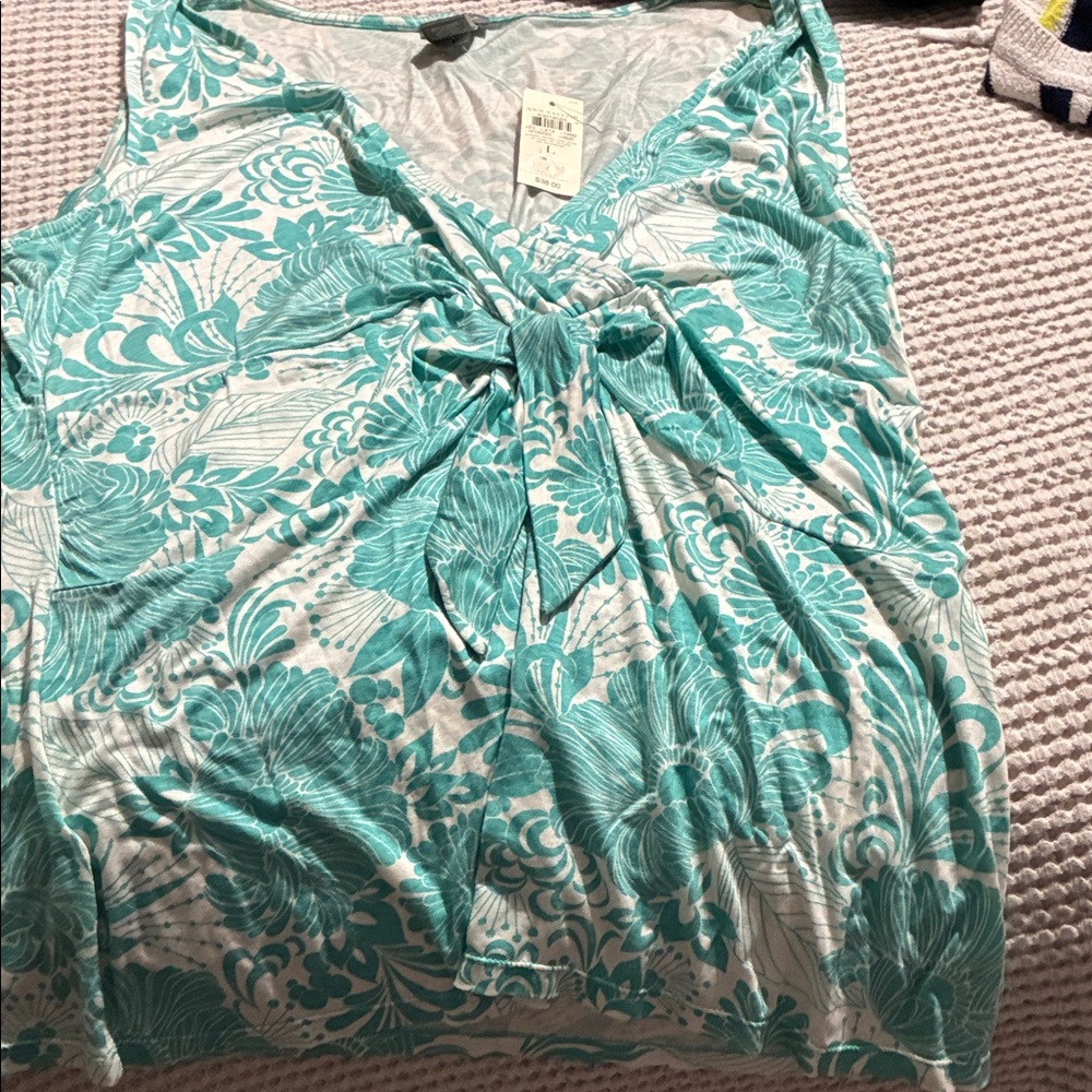 Ann Taylor Turquoise and White Floral Tie-Front Tank